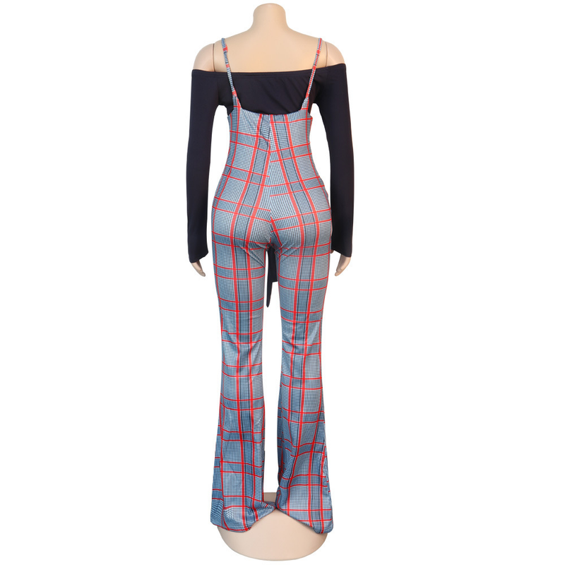 Women's sexy slim line shoulder coat plaid suspenders two-piece set_voghion.com