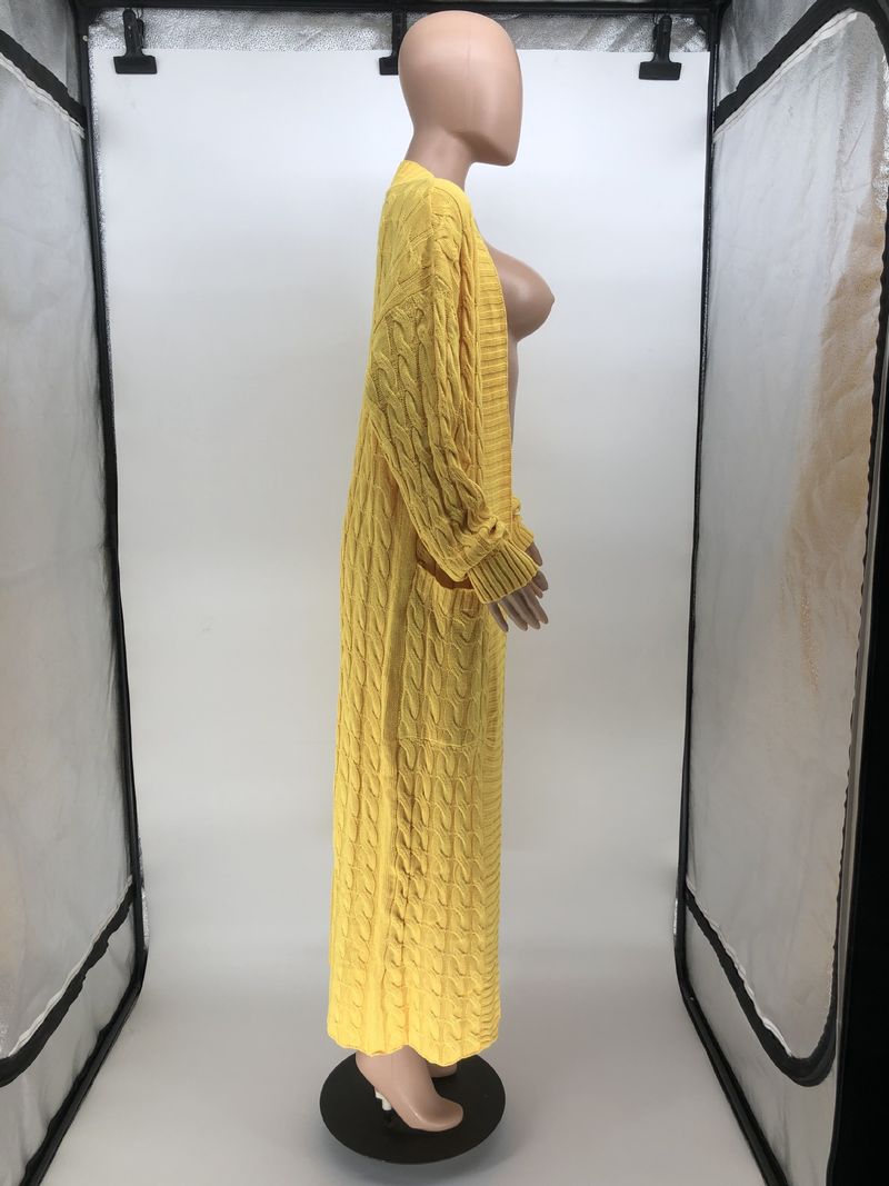 Damenbekleidung Locker gestrickte Strickjacke, gemütliche, übergroße Strickjacke mit Taschen, langer Zopfmuster-Pullovermantel, lockerer Boho-Chic, offene Vorderseite_voghion.com