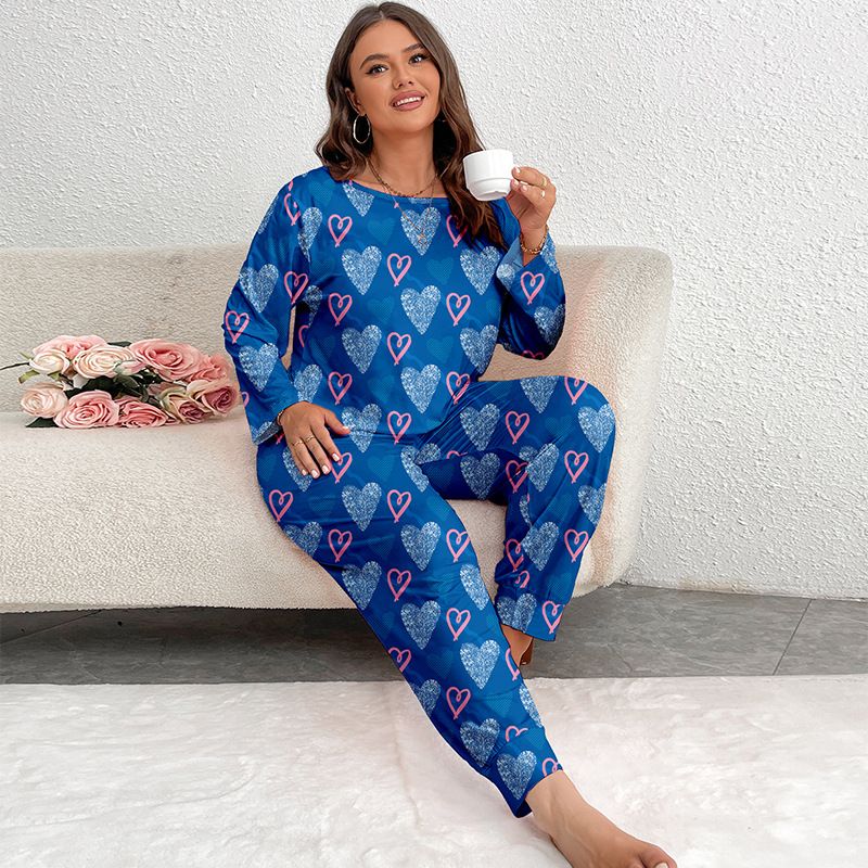 Dames Nachtkleding Pyjama's Grote maten Een schouder Lange mouwen Broek Hart Bedrukt Thuis Kleding Pakken_voghion.com