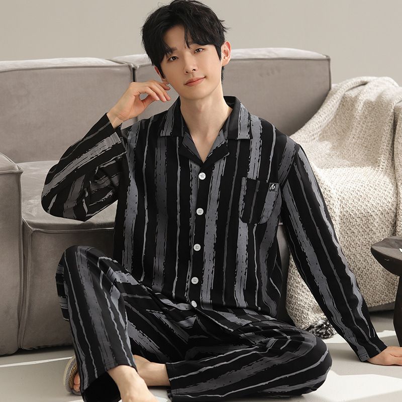 Herrpyjamas, vårstilar, långärmade hemkläder i ren bomull, höst- och vinterset för män i plus size, kan bäras_voghion.com