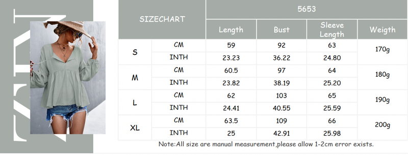 2023 Spring/Summer Solid V-Neck Lantern Sleeve Lace up Doll Top_voghion.com
