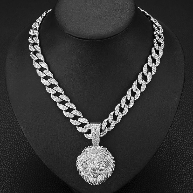 Cool Full Dia Personality Three Dimensional Lion Head Pendant Cuban Necklace Street Hip Hop Style_voghion.com