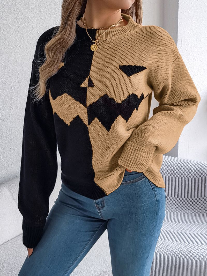 Autumn Winter Halloween Ghost Pumpkin Color-Block Long Sleeve Pullover Sweater Women's Fashion_voghion.com