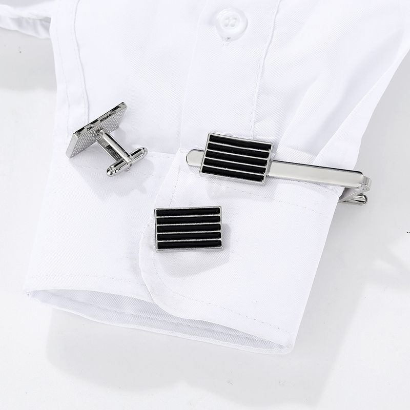 schwarze gestreifte Manschettenknöpfe für Männer Business Französisch Hemd Manschette Nägel Krawatte Clip Set Geschenkbox_voghion.com