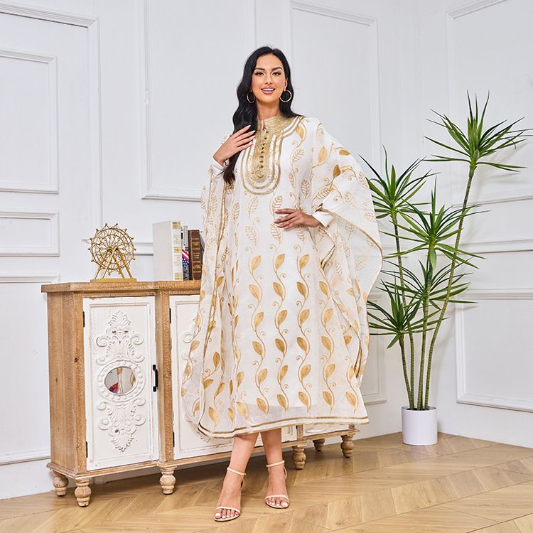 Damenmode Baumwollgarn bestickt Goldband muslimische Robe Weste zweiteiliges Set Abaya Kleid_voghion.com