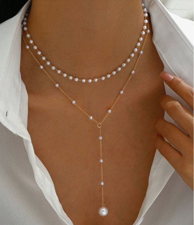 Jóias Moda novo colar de pérolas personalidade feminina Y em forma de pérola borla empilhamento clavícula corrente colar_voghion.com