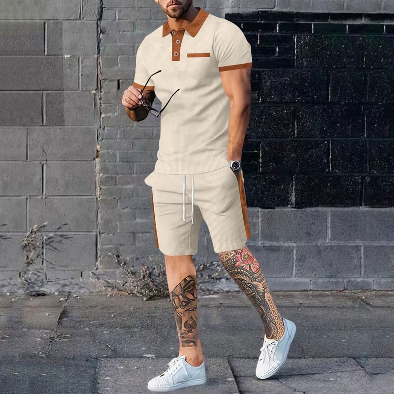 2024 Summer Men's New Waffle Color Block Short Sleeve Shorts Two Piece Casual Set_voghion.com