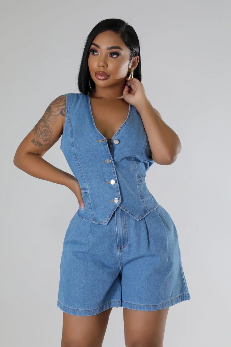 Roupas femininas Moda verão Casual Sem mangas Cintura alta Terno feminino Shorts jeans_voghion.com