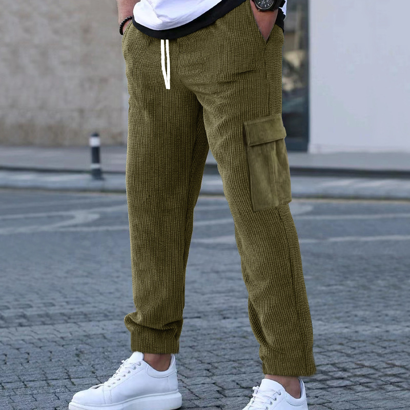 Cord Einfarbige Jogginghose Lose Gerade Multi-Pocket Herren Dünne Freizeithose Herbst Winter_voghion.com