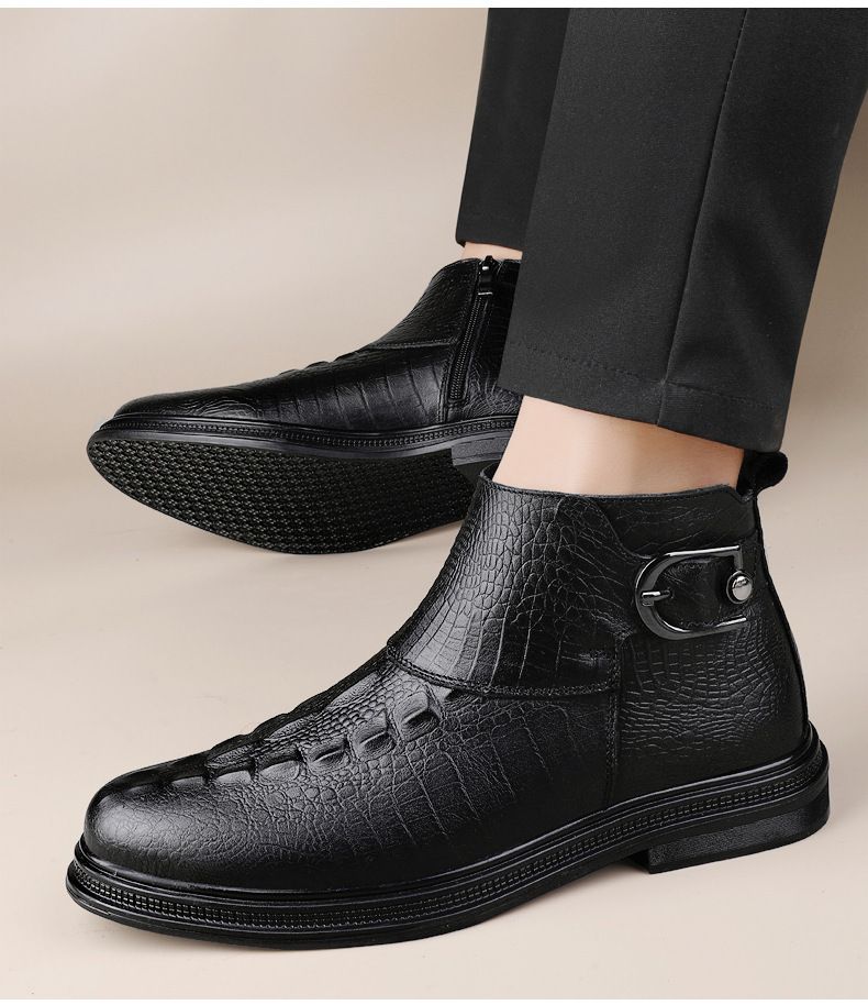 Stivali da uomo in pelle con motivo coccodrillo, stivali Martin con primo strato, stivali da uomo in pelle e cotone con cotone per tenerti al caldo_voghion.com