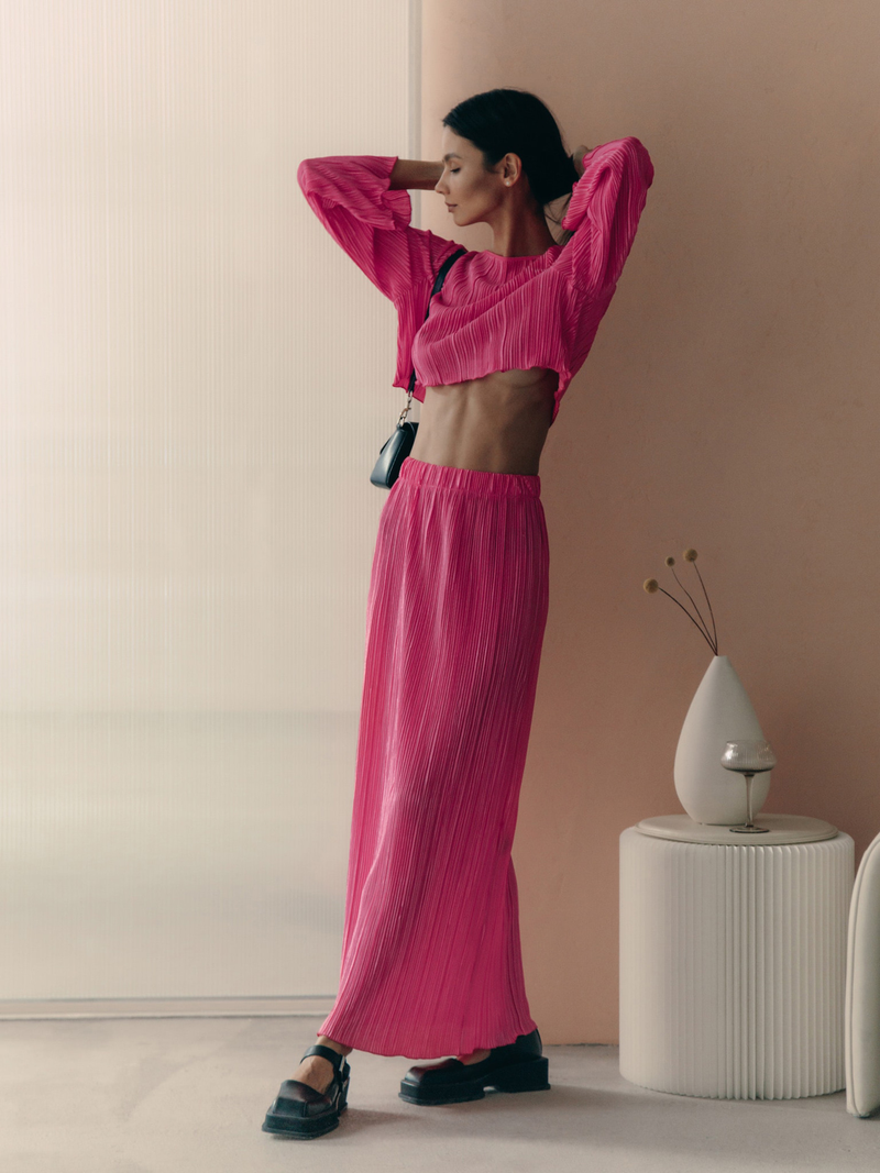 Pleated Women's Suit Bell Sleeve Cropped Top Midi Skirt Suit_voghion.com