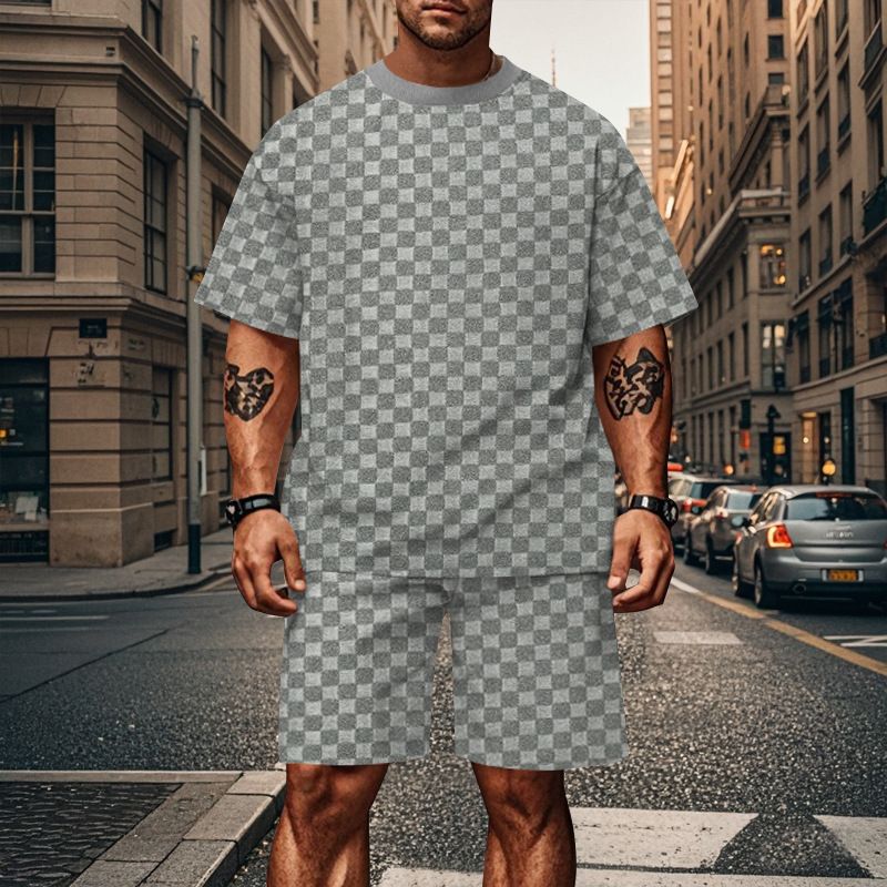 2024 Men's Summer New Jacquard Plaid Short Sleeved T-shirt Loose Oversized Straight Leg Casual Shorts Set_voghion.com