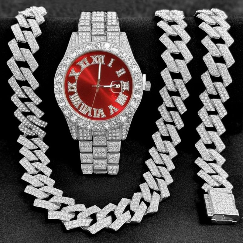Ensemble de bijoux tendance hip-hop, montre unisexe à chaîne en or avec micro-incrustations de zircon cubain et diamants._voghion.com