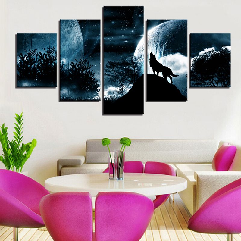 Greenhome 5 peças/conjunto de pintura de parede sem moldura de lobo da floresta da lua cheia, decoração para sala de estar_voghion.com