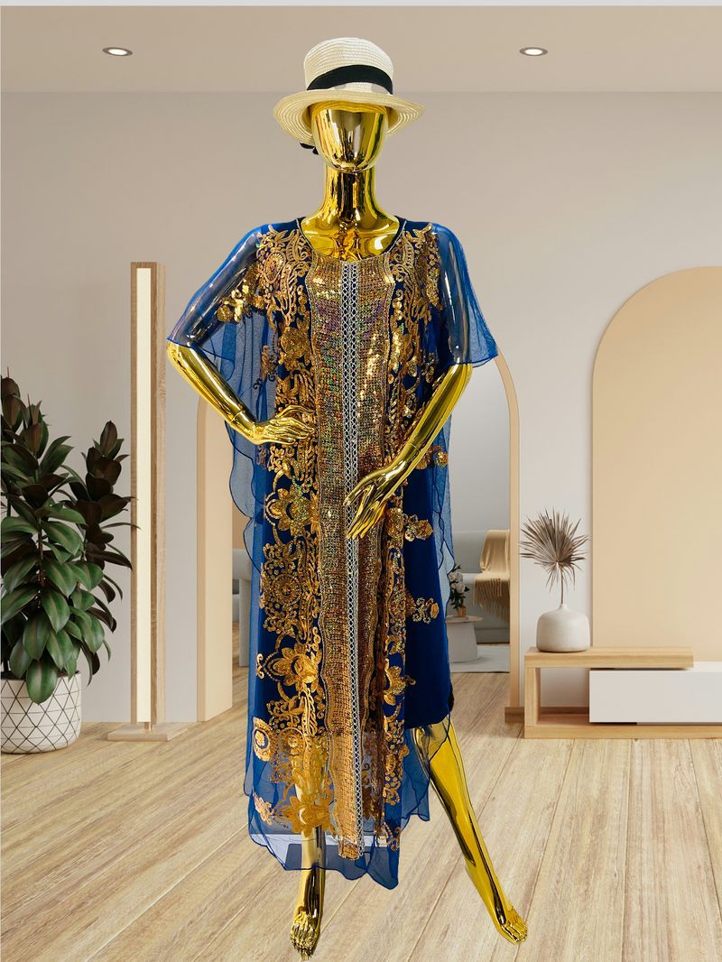 Large Size Chiffon Elegant Temperament Sequined Shawl Dress Traditional Ethnic Style Clothing_voghion.com