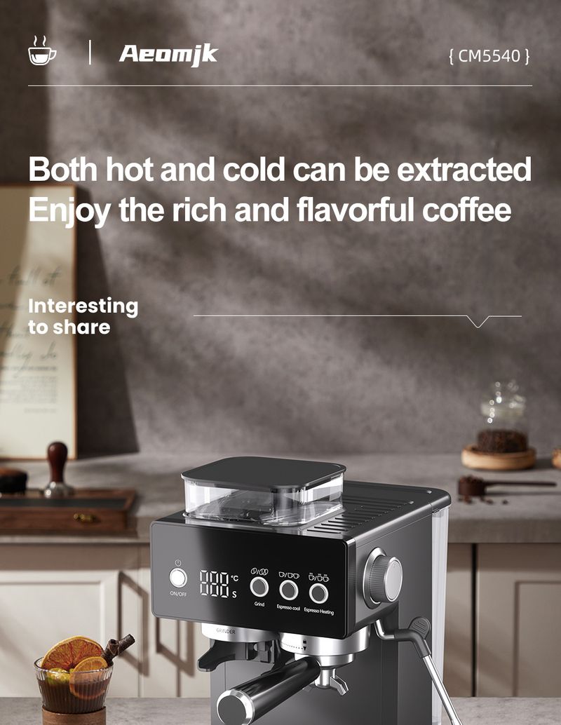 Semi-Automatic Espresso Machine With Built-in Grinder & Milk Frother – Compact Design, 15Bar Pressure, Auto Cleaning, 110-240V (Black)_voghion.com