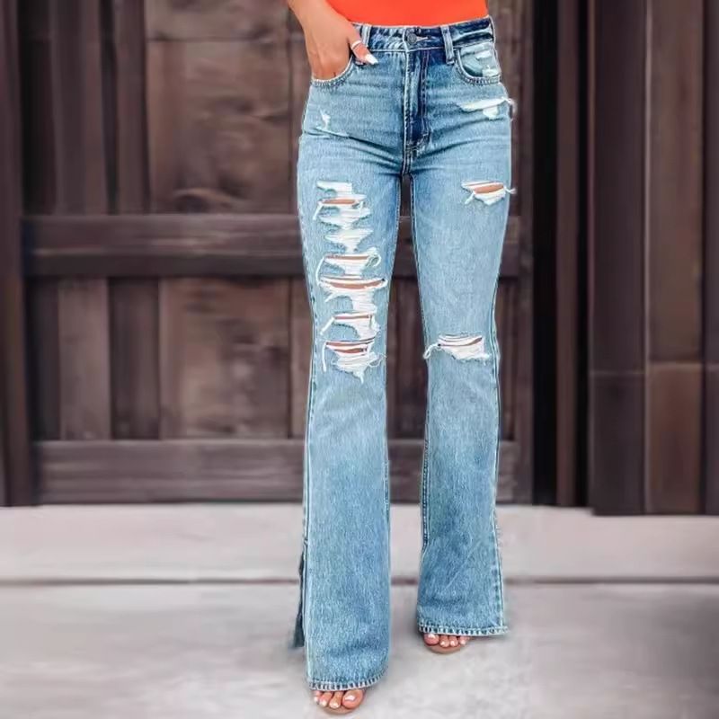 2024 New Women's Jeans Versatile Perforated Slightly Flared Split Pants_voghion.com