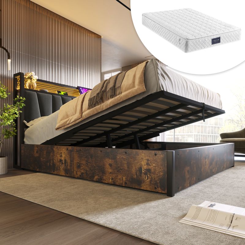 Cadre de lit en métal Polsterbett avec éclairage LED et application de contrôle pour lit double 140 x 200 cm, tête de lit et matelas à chargement USB inclus_voghion.com