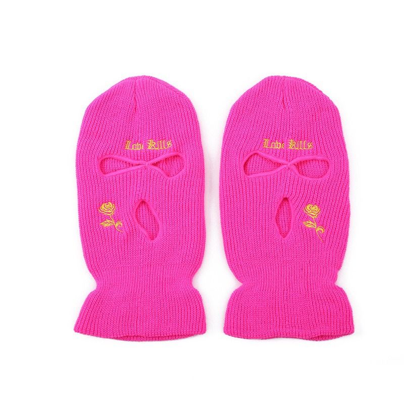 Cappello lavorato a maglia a tre fori per autunno e inverno con ricamo di rose - Cappello caldo per l'inverno e l'autunno per sci, ciclismo e attività all'aperto_voghion.com