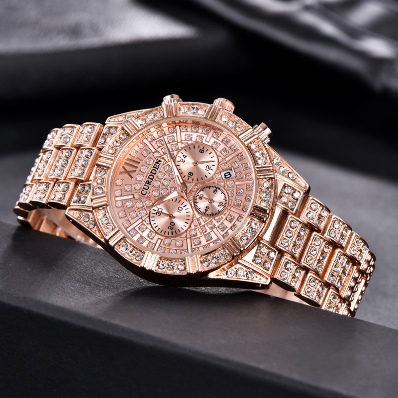 Men Watches Fashion Steel Diamond Date Quartz Wrist Watch_voghion.com