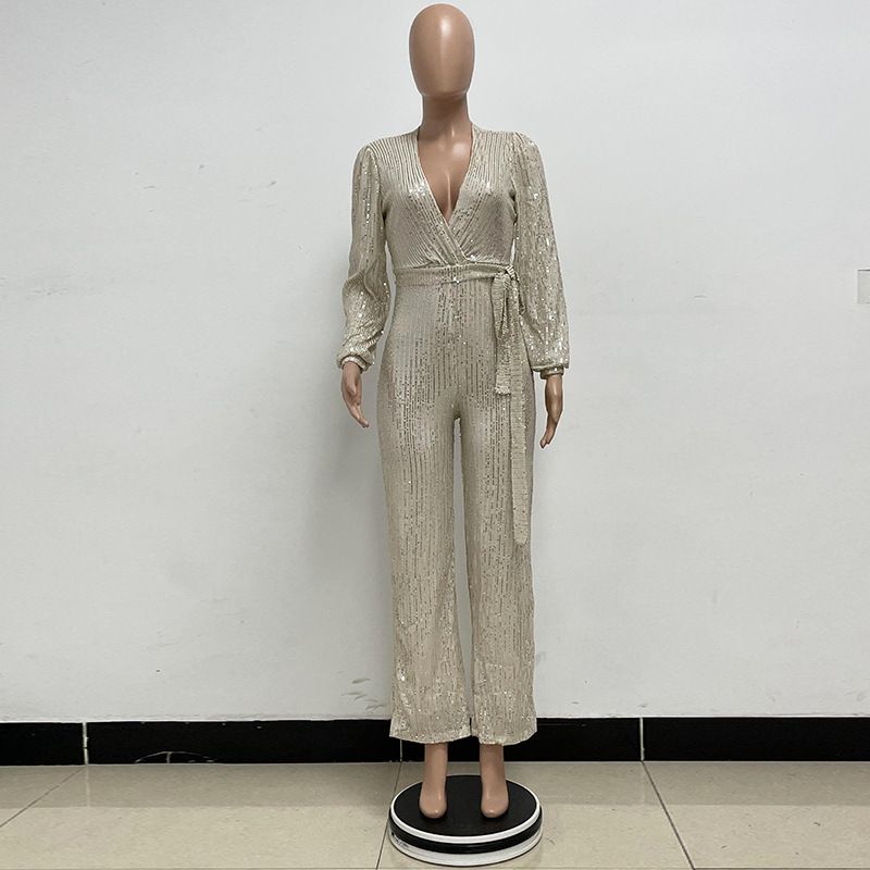 Damkläder Ins Style Deep V Mode Casual Jumpsuit Långärmat Bälte Paljett Jumpsuit Dam_voghion.com