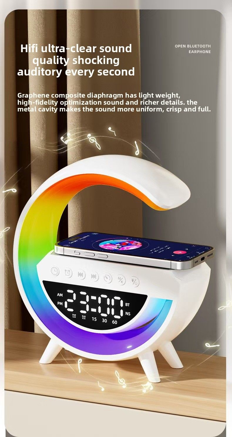 Nouvelle enceinte Bluetooth Small G - Compatible avec la recharge sans fil des téléphones et montres, avec éclairage d'ambiance, réveil intégré et fonction haut-parleur_voghion.com