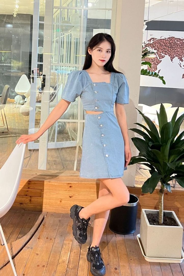 Off-Waist denim voor dames, zomerse Franse stijl, vierkante hals, uniek design, niche pofjurk met korte mouwen_voghion.com