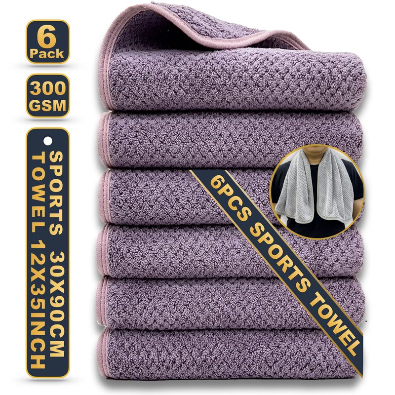 6-Pack Gym Towels - 30x90cm Extra Long & Quick Dry (Sports Towel With Jacquard Design Non-Slip Absorbent Workout Towel For Fitness & Running)_voghion.com