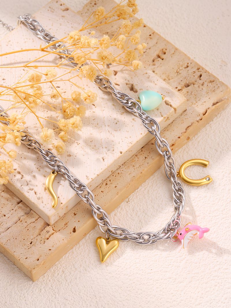 Collana da donna con ciondolo dorato, collana in acciaio al titanio, moda, dopamina per donna, stile oceano, cuore, delfino, collana con ciondolo resistente allo sbiadimento_voghion.com