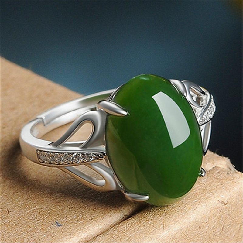 New Creative Green Agate Open Simple Diamond-Encrusted Ring Unisex Chalcedony Silver Jewelry_voghion.com