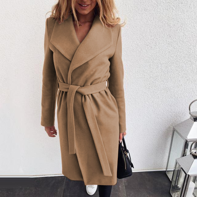 Modischer Damenmantel aus massiver Wolle mit Revers und Schnürung_voghion.com