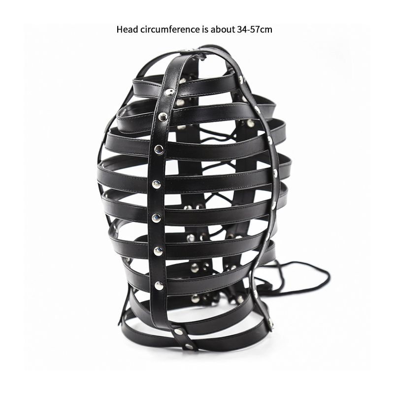 BDSM Erwachsene Perücken Paar Spielzeug Bühne Requisiten Horizontal gestreiften Leder Bondage Full Cover Perücke Maske_voghion.com