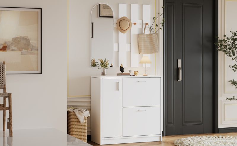 Meuble à chaussures avec portes battantes et coulissantes, rangement d'entrée avec miroir et crochets, étagère à chaussures blanche pour petits couloirs, rangement de salon_voghion.com
