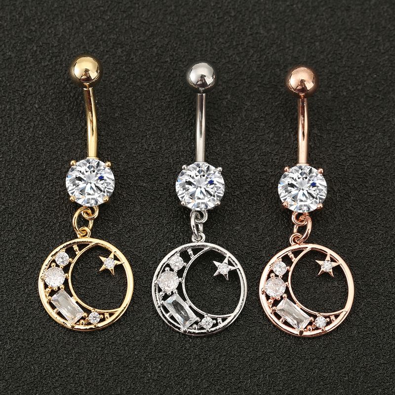 Piercing per ombelico con luna e stella a cinque punte in zircone - Elegante gioiello per piercing_voghion.com