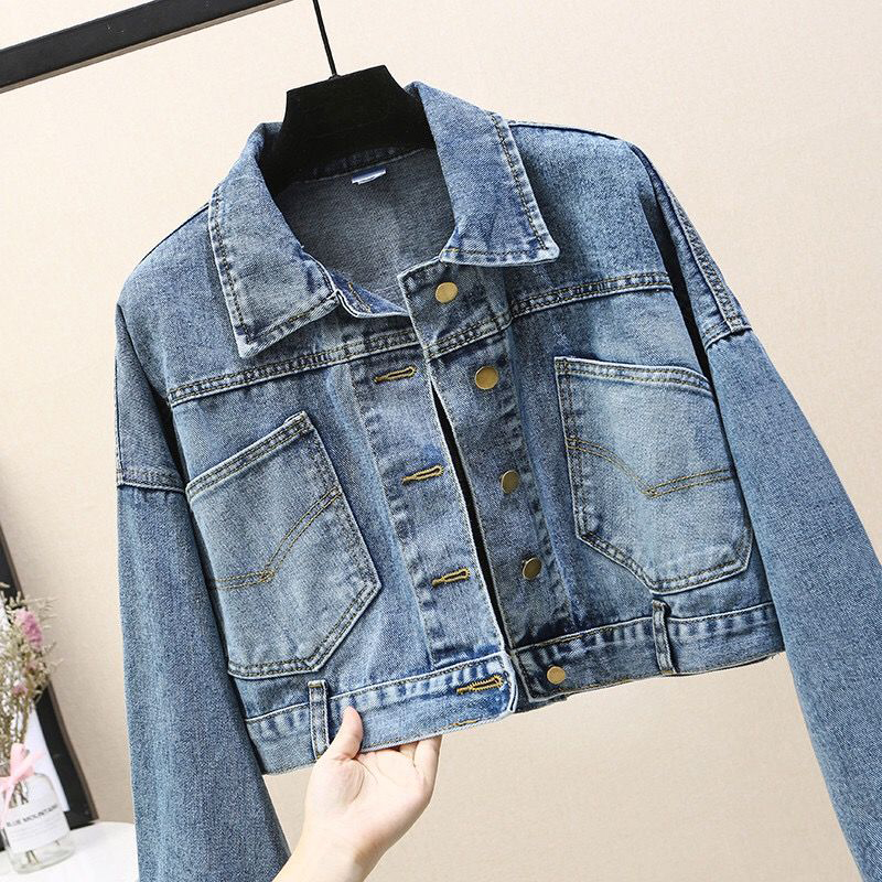 Xpqbb Chaqueta vaquera recortada para mujer, moda coreana, chaqueta bomber con botones divididos en la espalda, chaqueta vaquera de manga larga con solapa para mujer_voghion.com