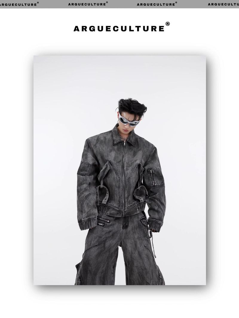 Nischen-Vintage-Denim-Anzugjacke, Mantel, Ödland-Reißverschluss, große Tasche, Cargohose, Trend 2024_voghion.com