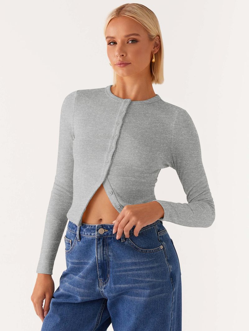 Women's Clothing Long Sleeve Button-Up Cardigan - Slim Fit Solid Color Casual Blouse For Spring & Summer_voghion.com