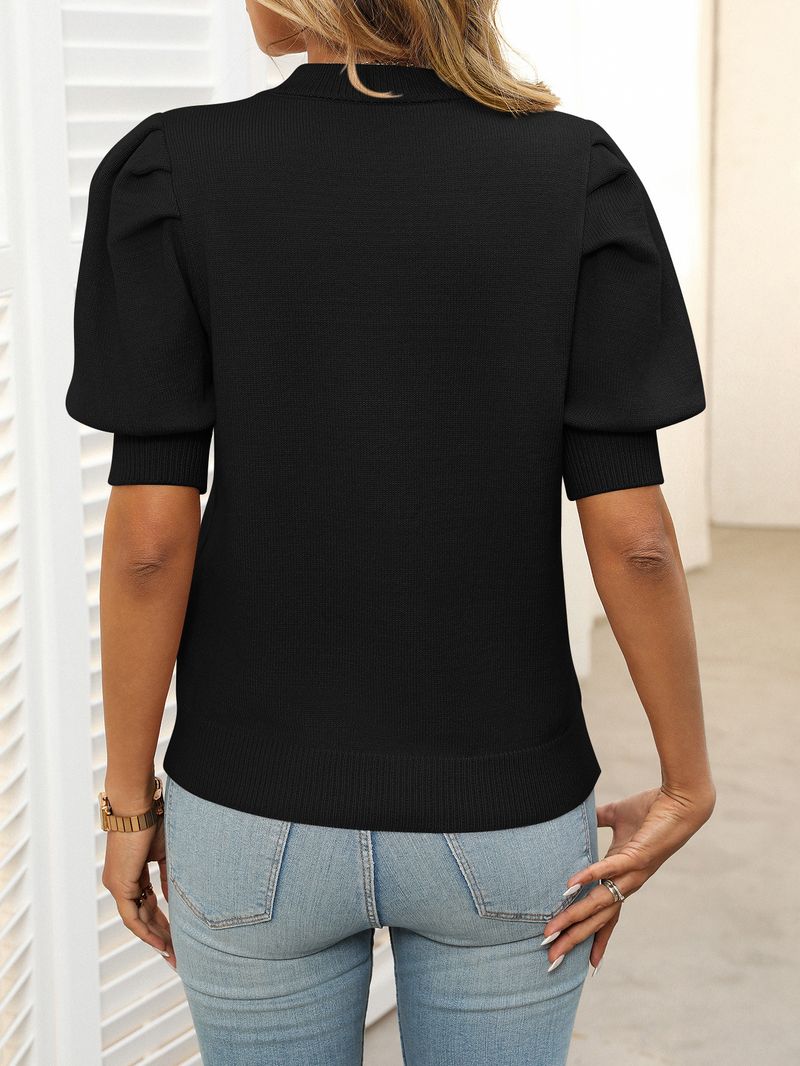 Lässiges Damen-Strickoberteil mit kurzen Ärmeln und Ballonärmeln – weiche Baumwollmischung, entspannte Passform, vielseitig für Arbeit und Freizeit_voghion.com