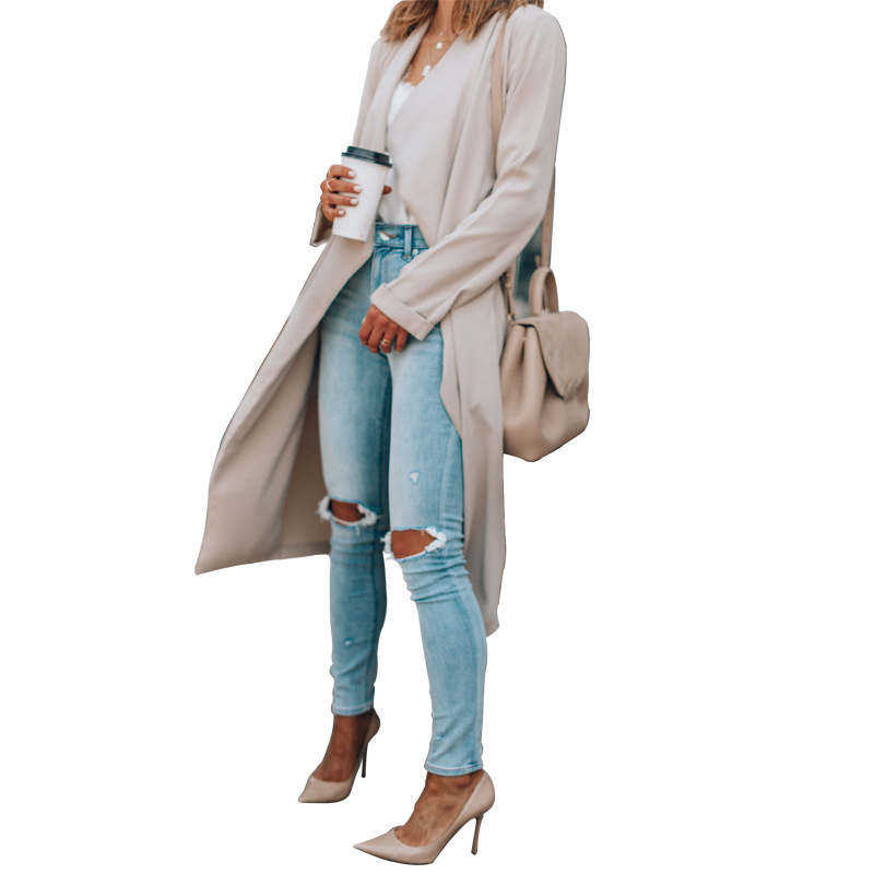 Abbigliamento da donna giacca a vento casual lunga autunno e inverno con risvolto tinta unita_voghion.com