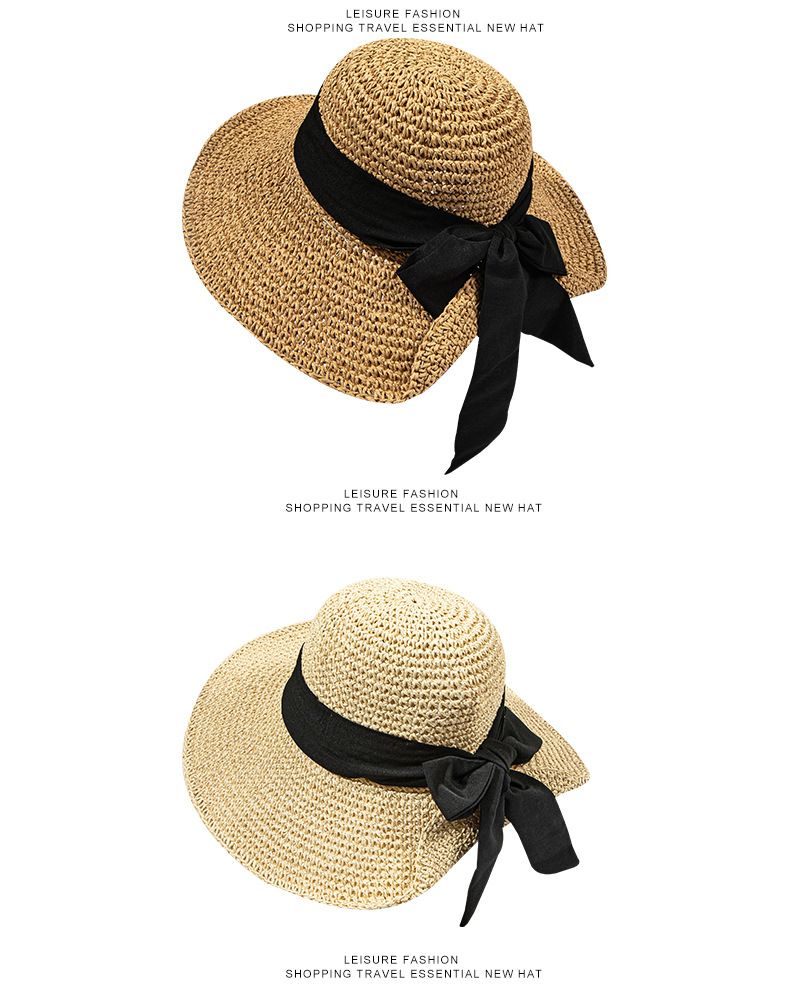Instagram-Strohhut für Damen, Sommer, faltbarer Strandhut für Damen im Urlaub, Sonnenschutzhut mit Schleife, große Krempe, dünner, atmungsaktiver Strohhut_voghion.com