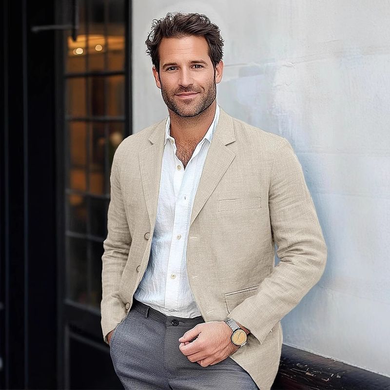 Veste de costume décontractée en coton et lin pour homme, couleur unie, taille européenne_voghion.com