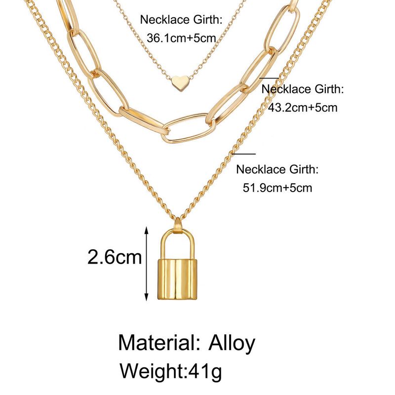 new multi layer necklace Creative retro simple heart lock pendant three layer sweater chain_voghion.com