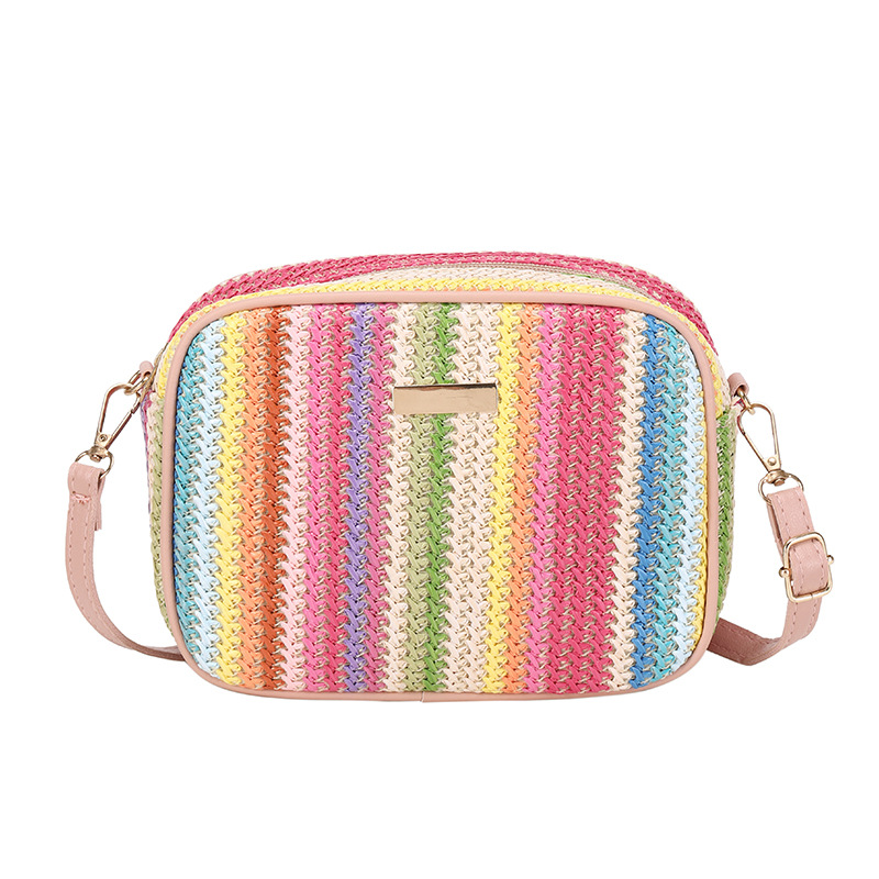 Nieuwe modetrend Eenvoudige en veelzijdige dagelijkse geweven damestassen met verticale patronen Regenboog Etnische stijl Grasstof Kleurcameratassen_voghion.com