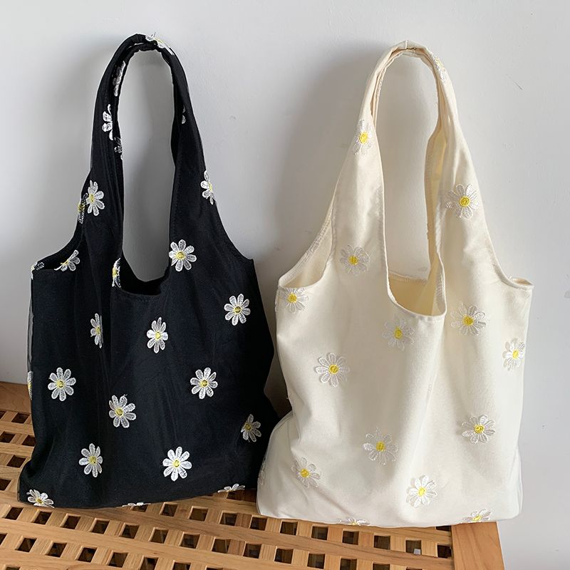 Borsa da viaggio in tela con piccola margherita ricamata, stile fresco e di grande capacità, in rete artistica per studenti_voghion.com