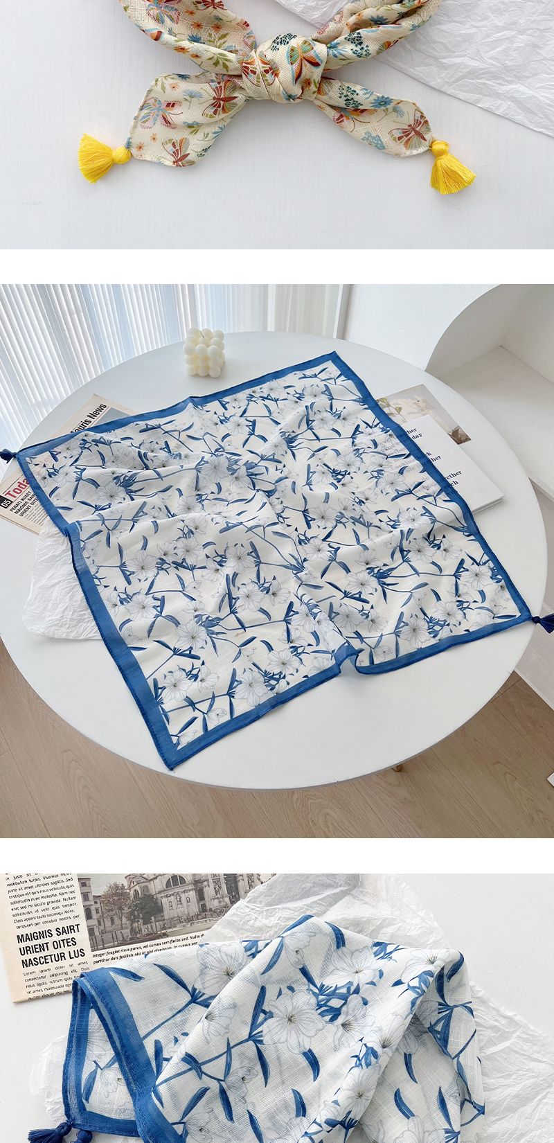 Sciarpe sottili in cotone e lino di campagna francese con piccole nappe in stile occidentale quadrate per le donne in primavera e in estate_voghion.com