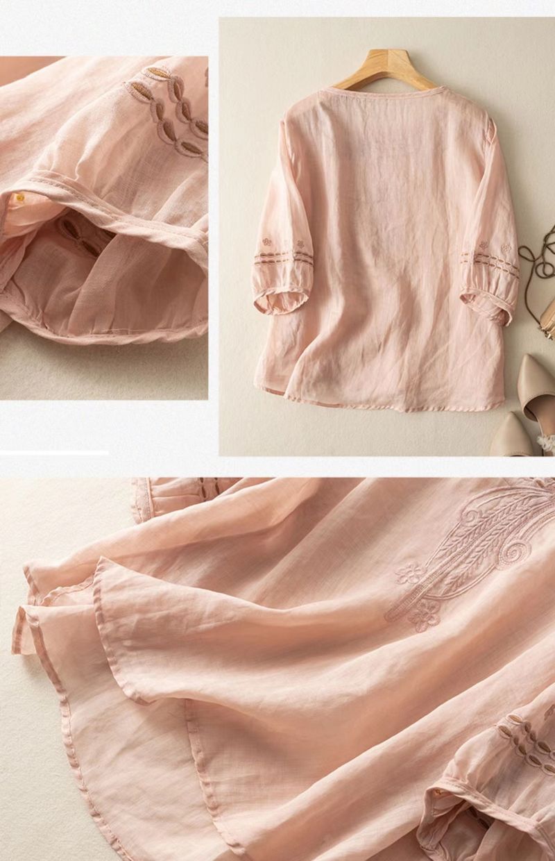 Abbigliamento da donna di alta qualità in ramiè e lino, taglia grande, maglietta estiva a maniche corte per mamma di mezza età_voghion.com