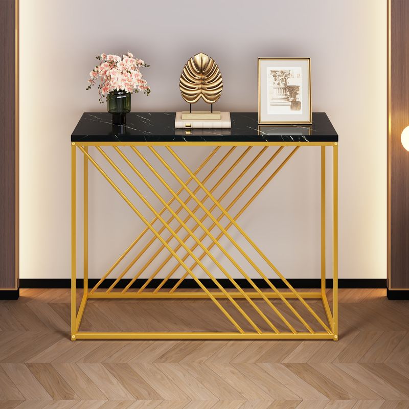Console noire avec pieds dorés, 100 x 35 x 77 cm, table d'entrée en MDF brillant, table de couloir, buffet, table d'appoint, style vintage_voghion.com