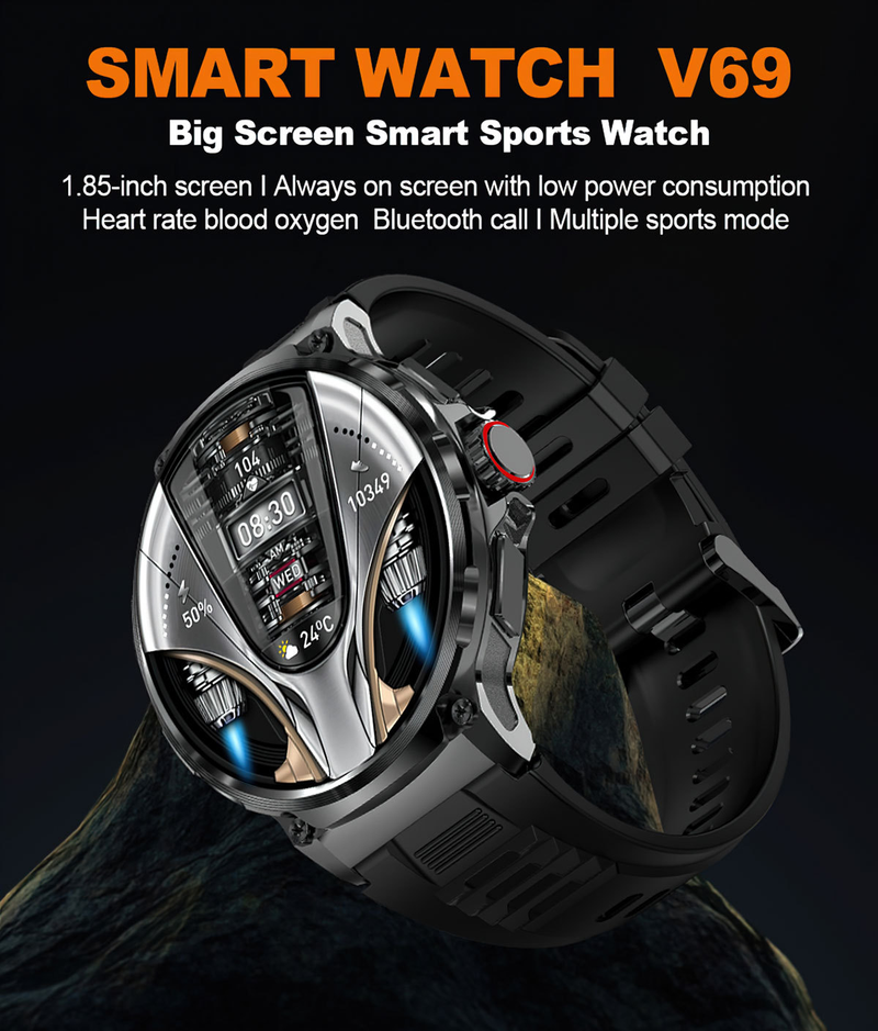 1.85 Schermo grande 710mah Batteria V69 Chiamata Bluetooth Smartwatch Frequenza cardiaca Ossigeno nel sangue Multi Sport Smartwatch_voghion.com