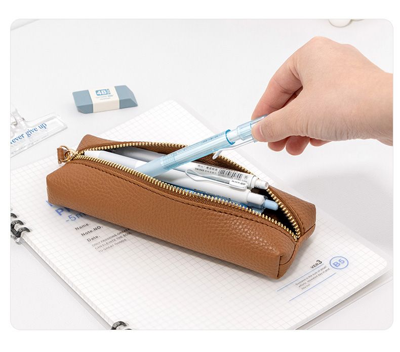 Estojo de couro simples para lápis, bolsa para armazenamento de canetas de escritório, caneta de assinatura, bolsa portátil com zíper à prova de vazamentos para artigos de papelaria_voghion.com