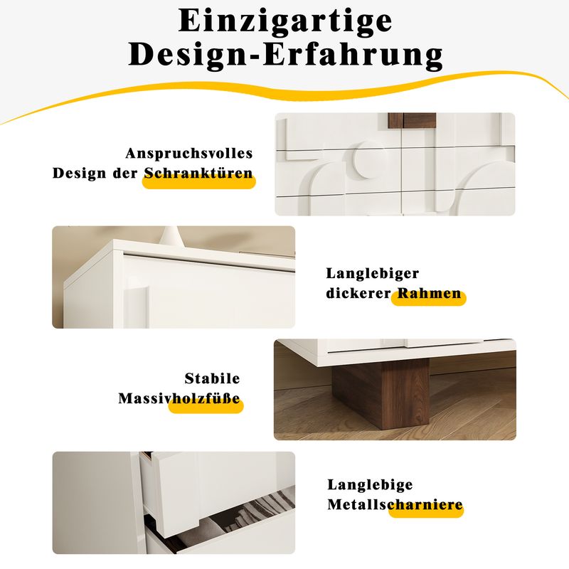 Credenza Weiß Mit Geometrischen Türen, funzione Push-to-Pop, Massivholzbeine_voghion.com